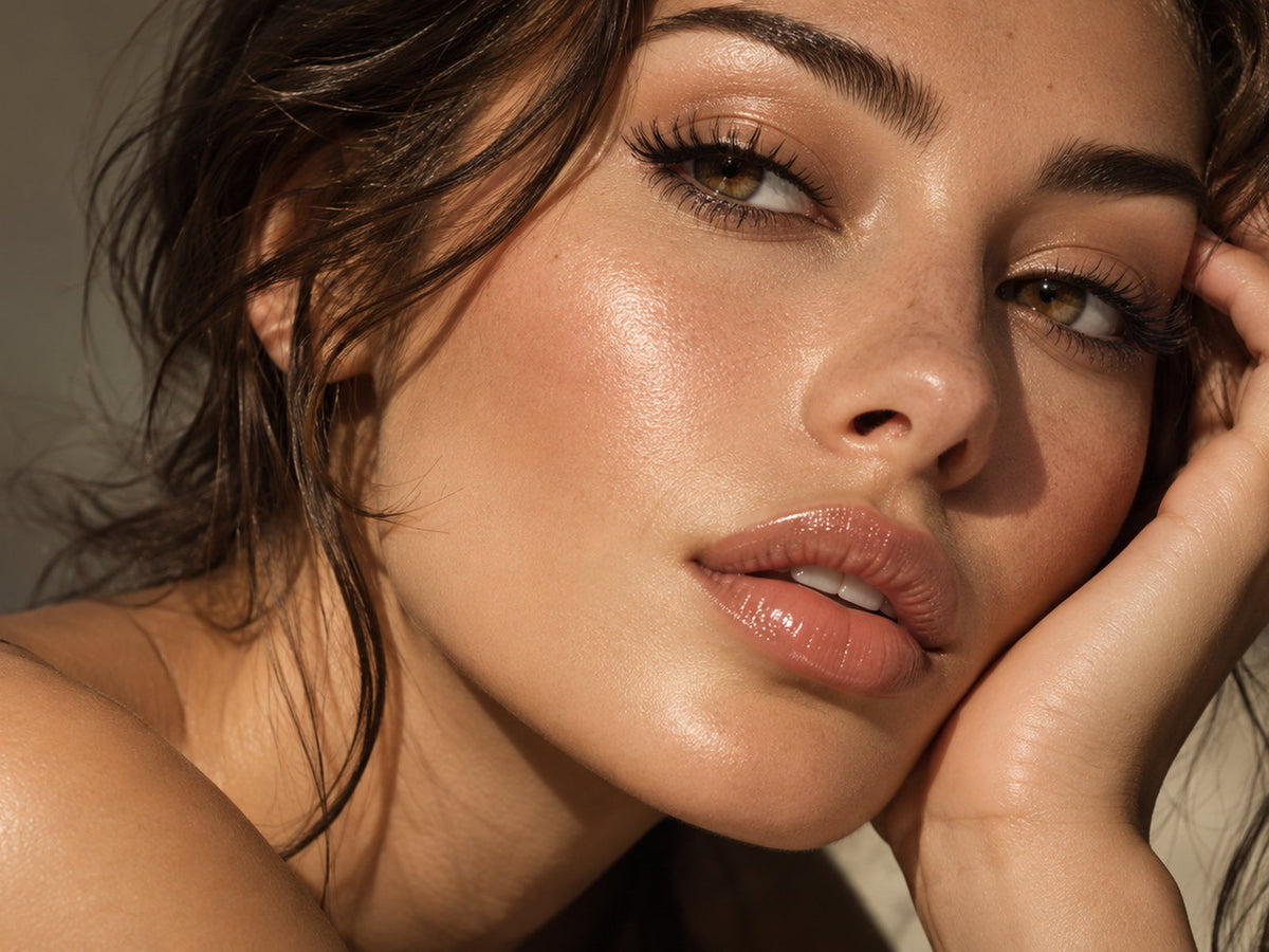 Portrait beauté éditorial avec regard intense et cils définis, tendance automne 2026