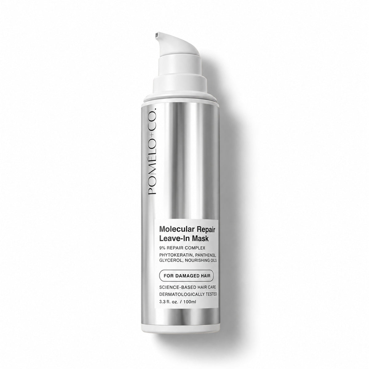 Pomélo+Co Molecular Repair Leave-In Mask 100 ml, flacon argenté sur fond blanc
