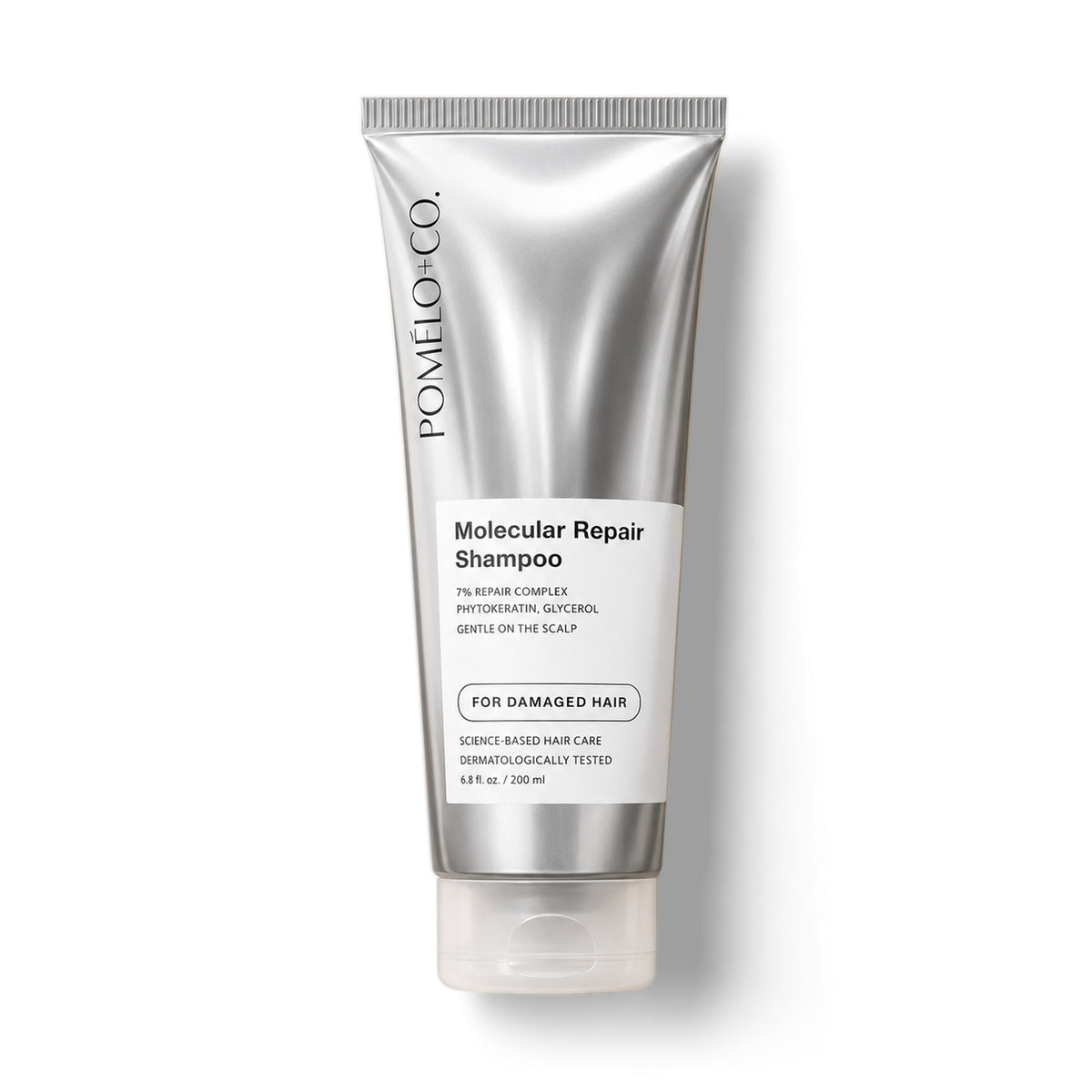 Pomélo+Co Molecular Repair Shampoo, shampooing réparateur en tube sur fond blanc